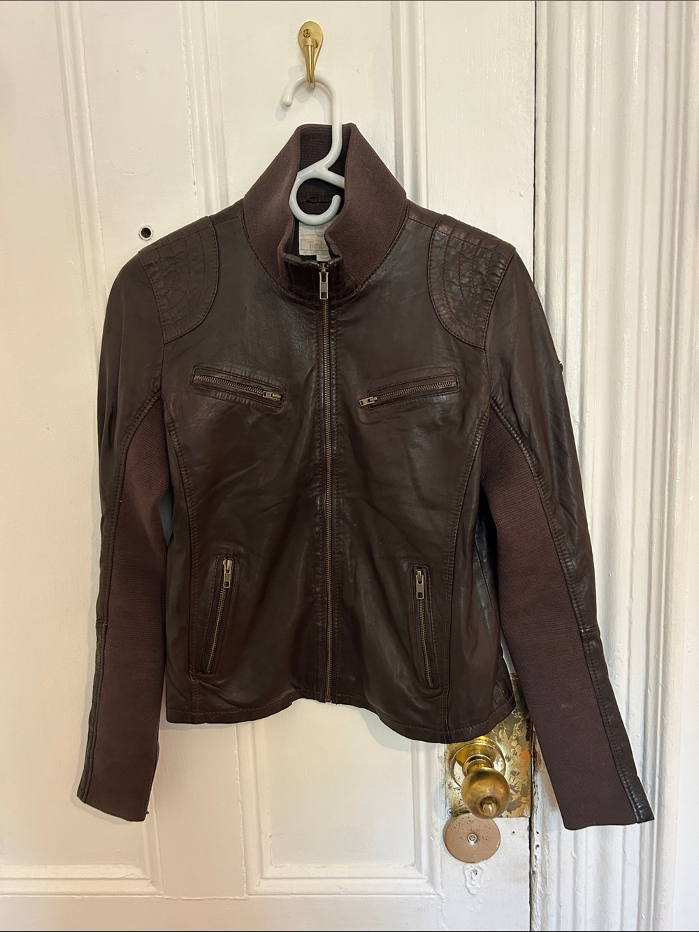 Timberland Dark Brown Women's Leather Jacket with Knit Panels
